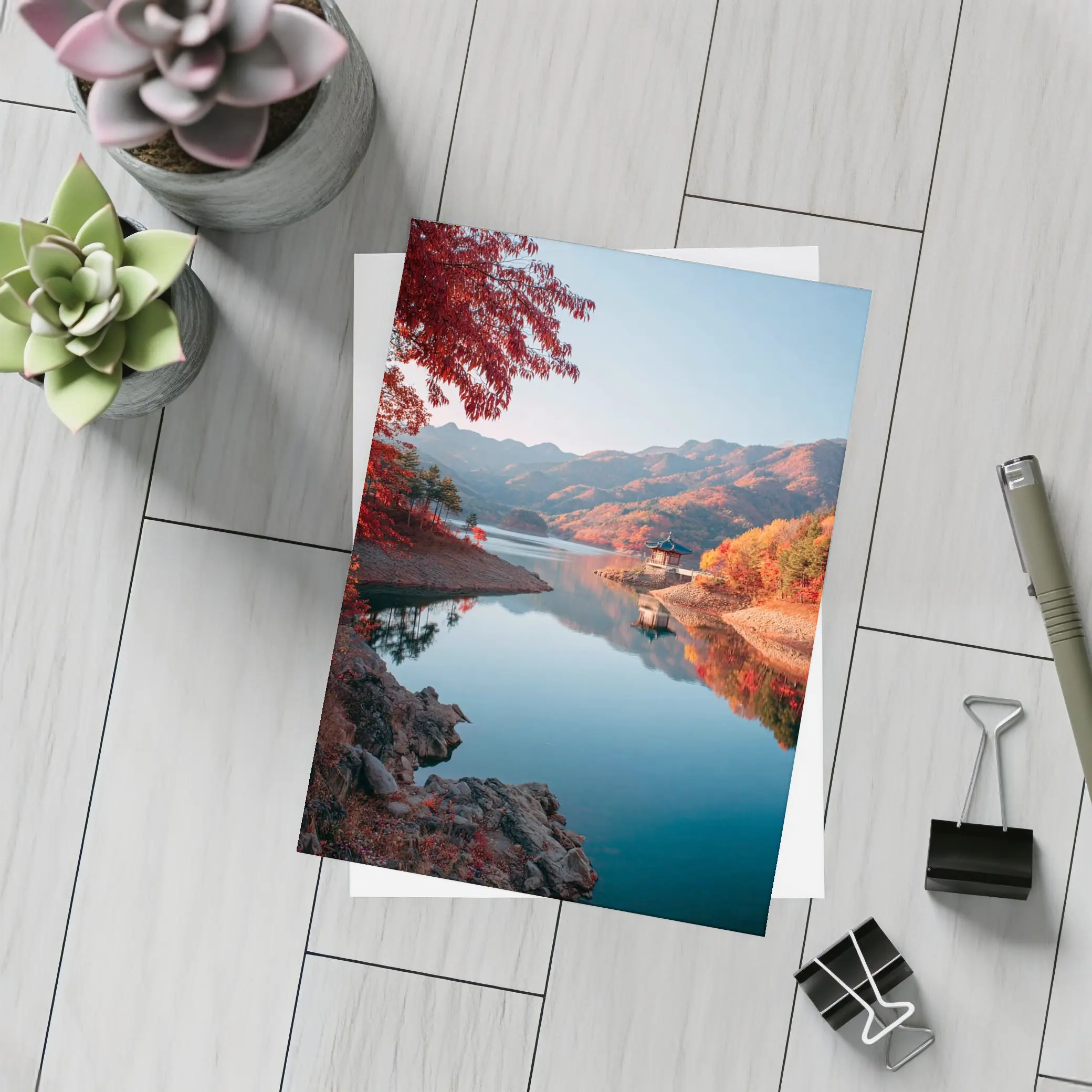 Korean Pavilion Lake Autumn Mountain Reflection – Postcards
