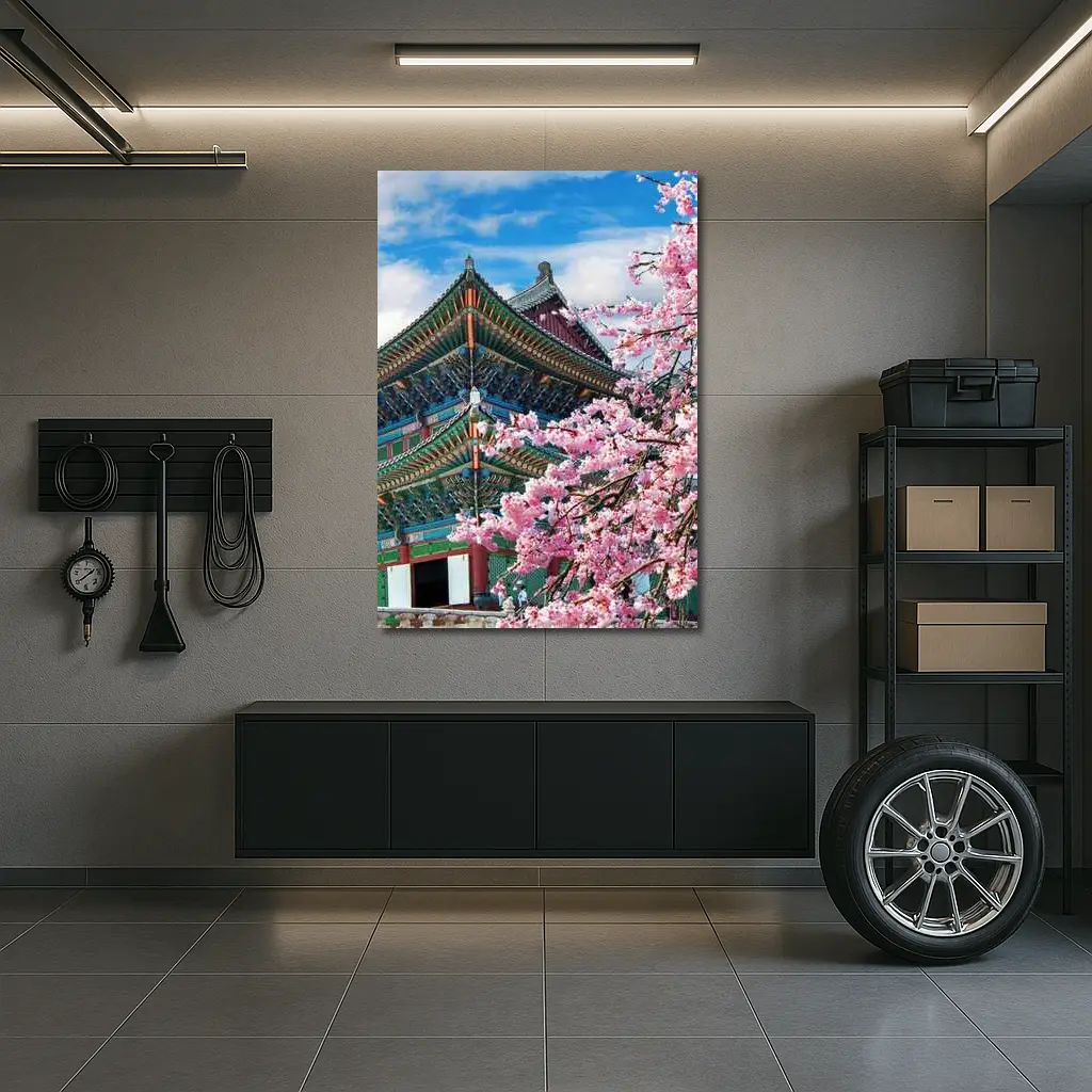Korean Palace Cherry Blossoms Blue Sky – Wall Art