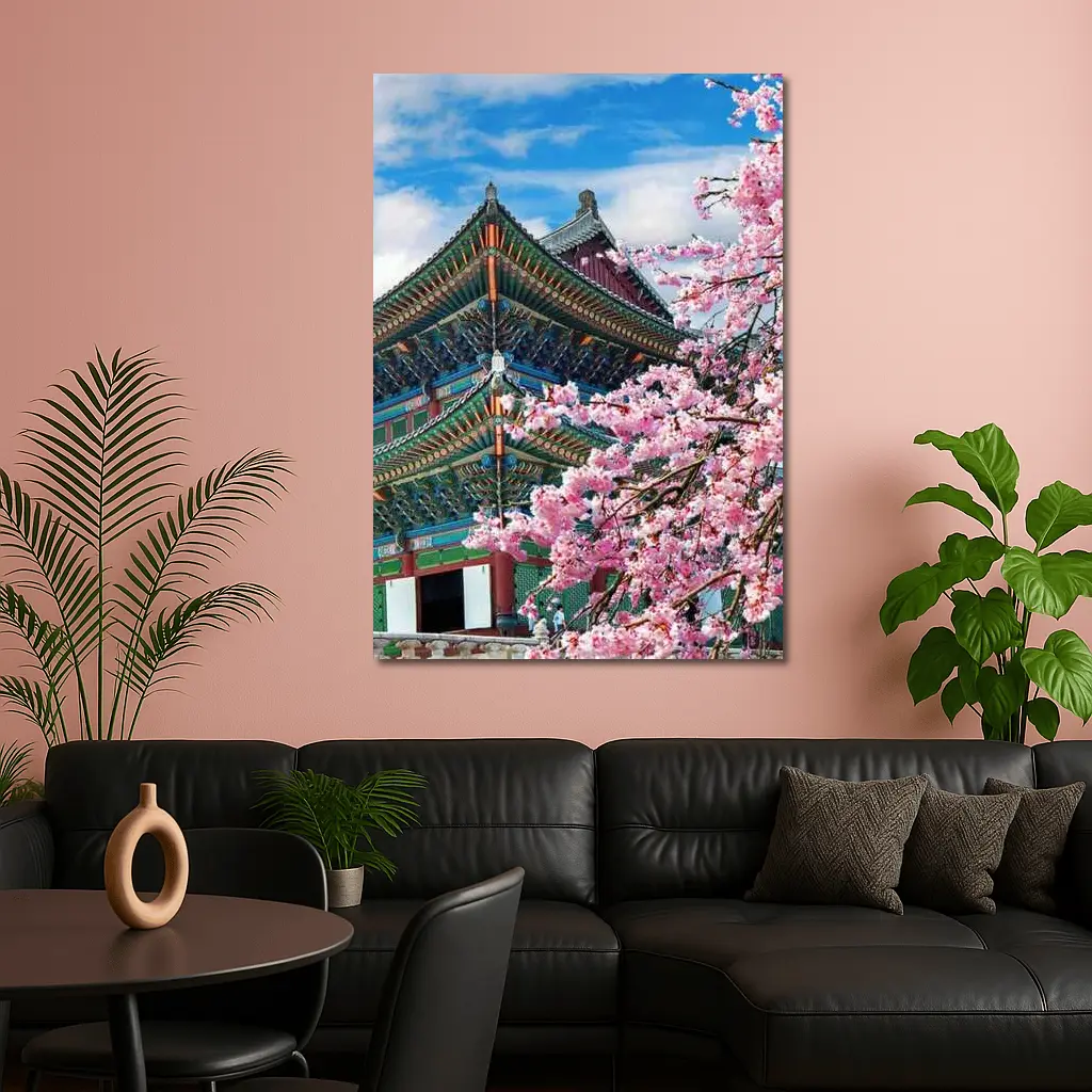 Korean Palace Cherry Blossoms Blue Sky – Wall Art