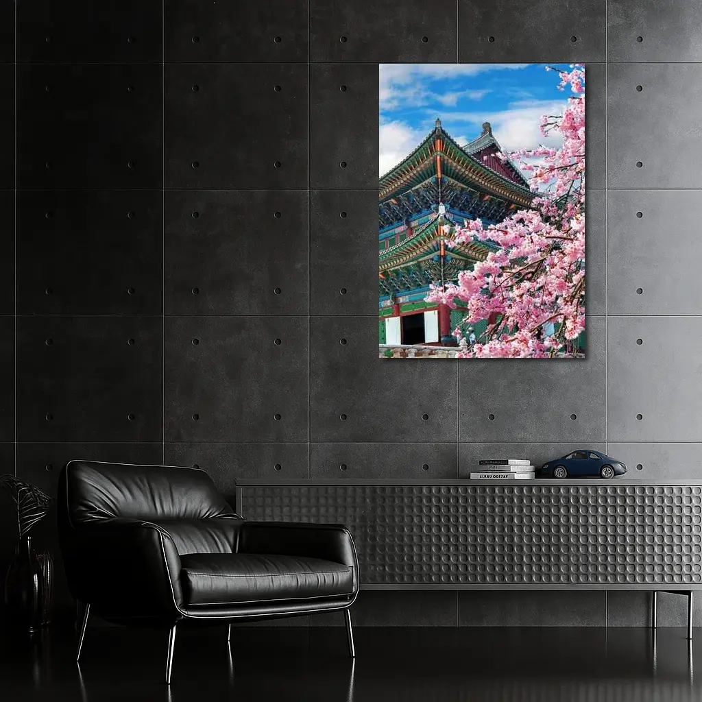 Korean Palace Cherry Blossoms Blue Sky – Wall Art
