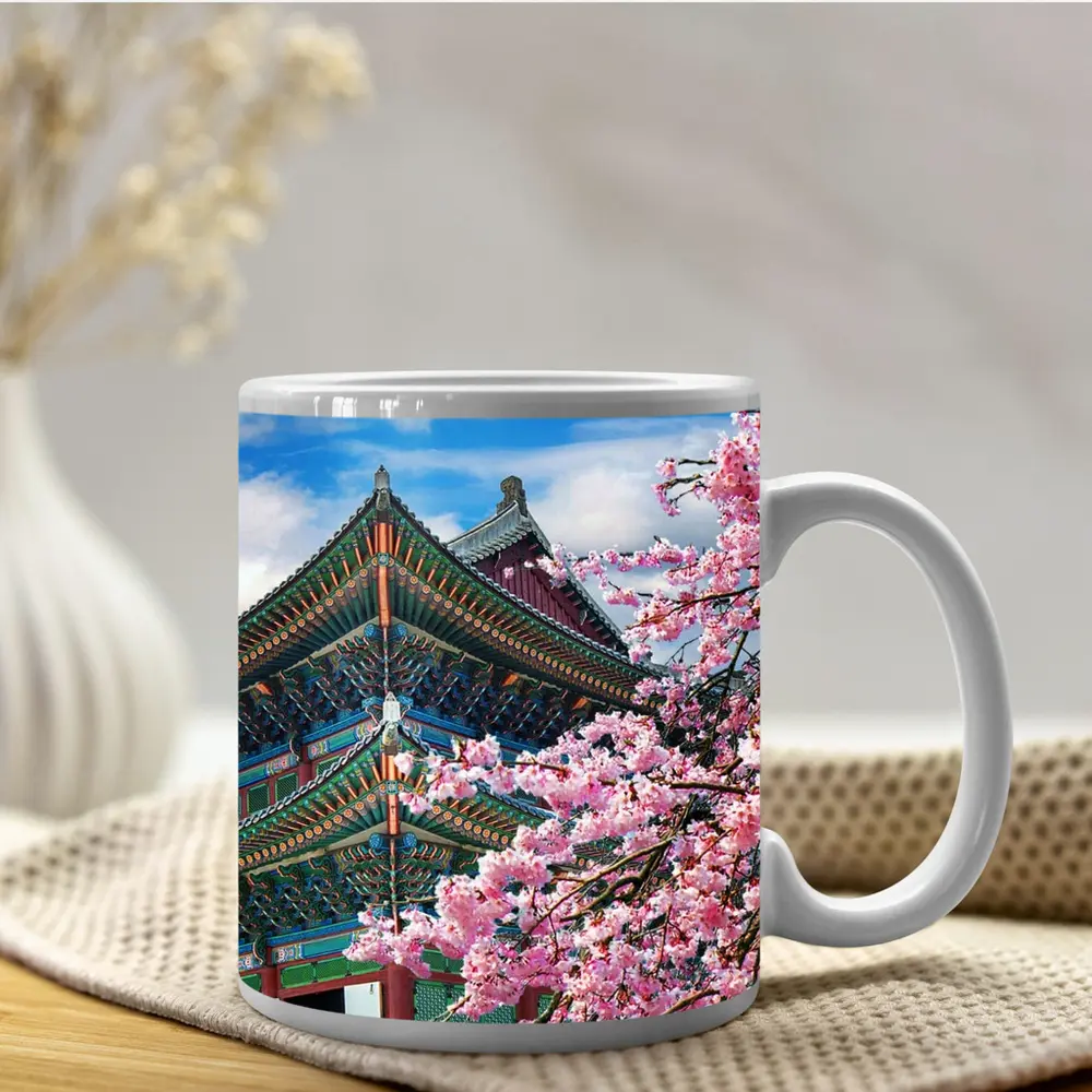 Korean Palace Cherry Blossoms Blue Sky – Mugs