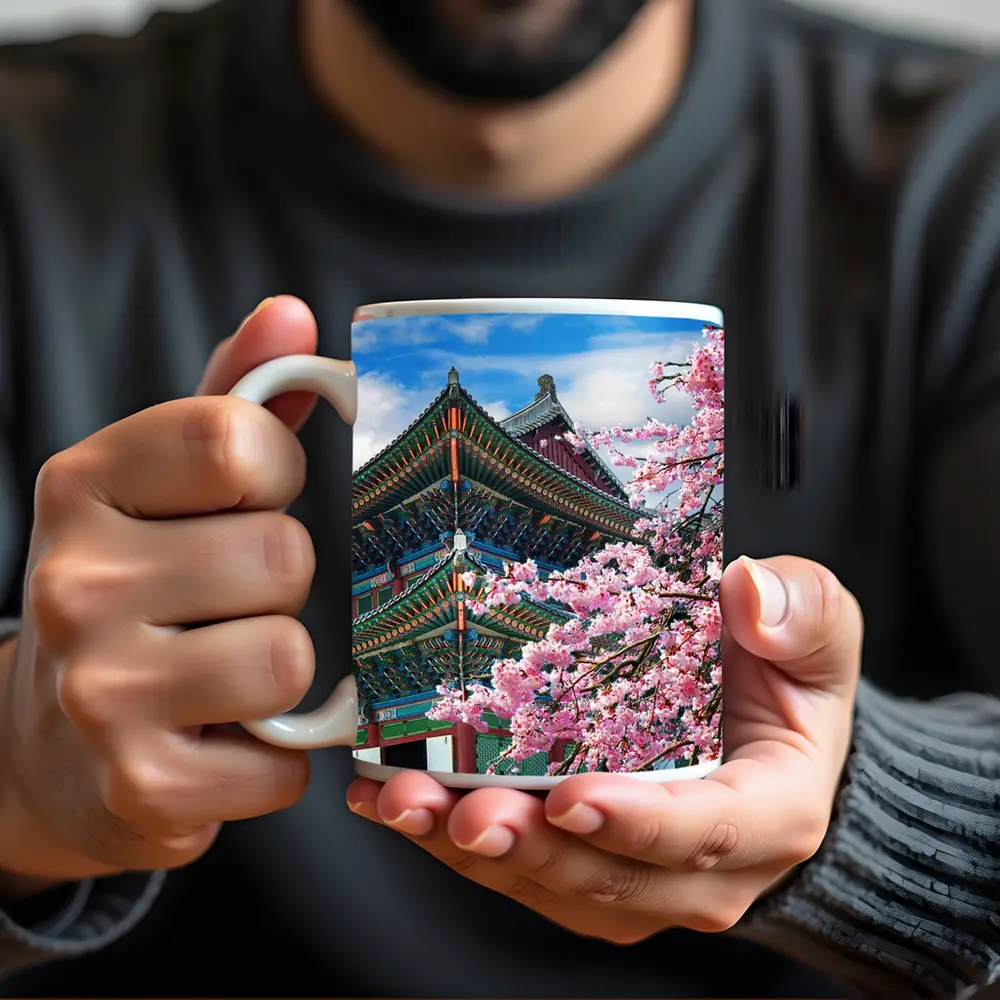 Korean Palace Cherry Blossoms Blue Sky – Mugs
