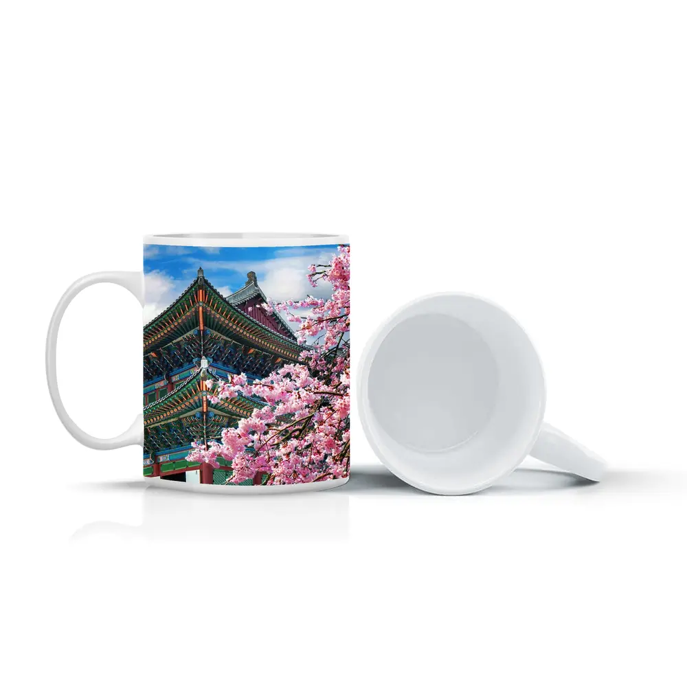 Korean Palace Cherry Blossoms Blue Sky – Mugs