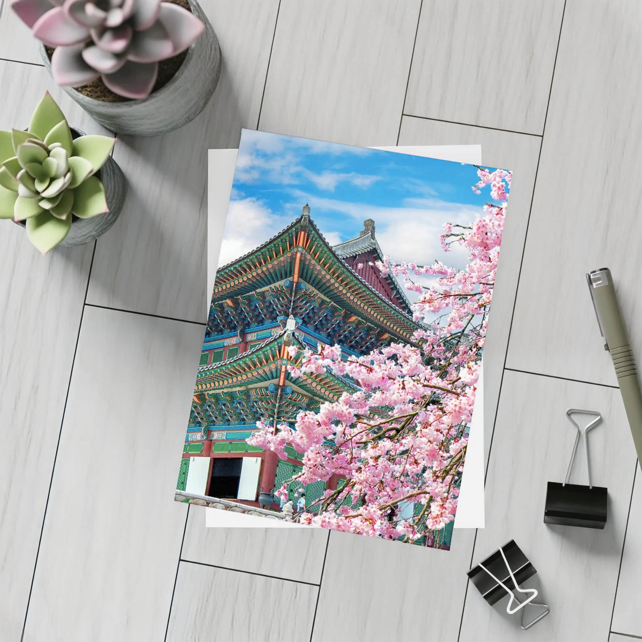 Korean Palace Cherry Blossoms Blue Sky – Postcards