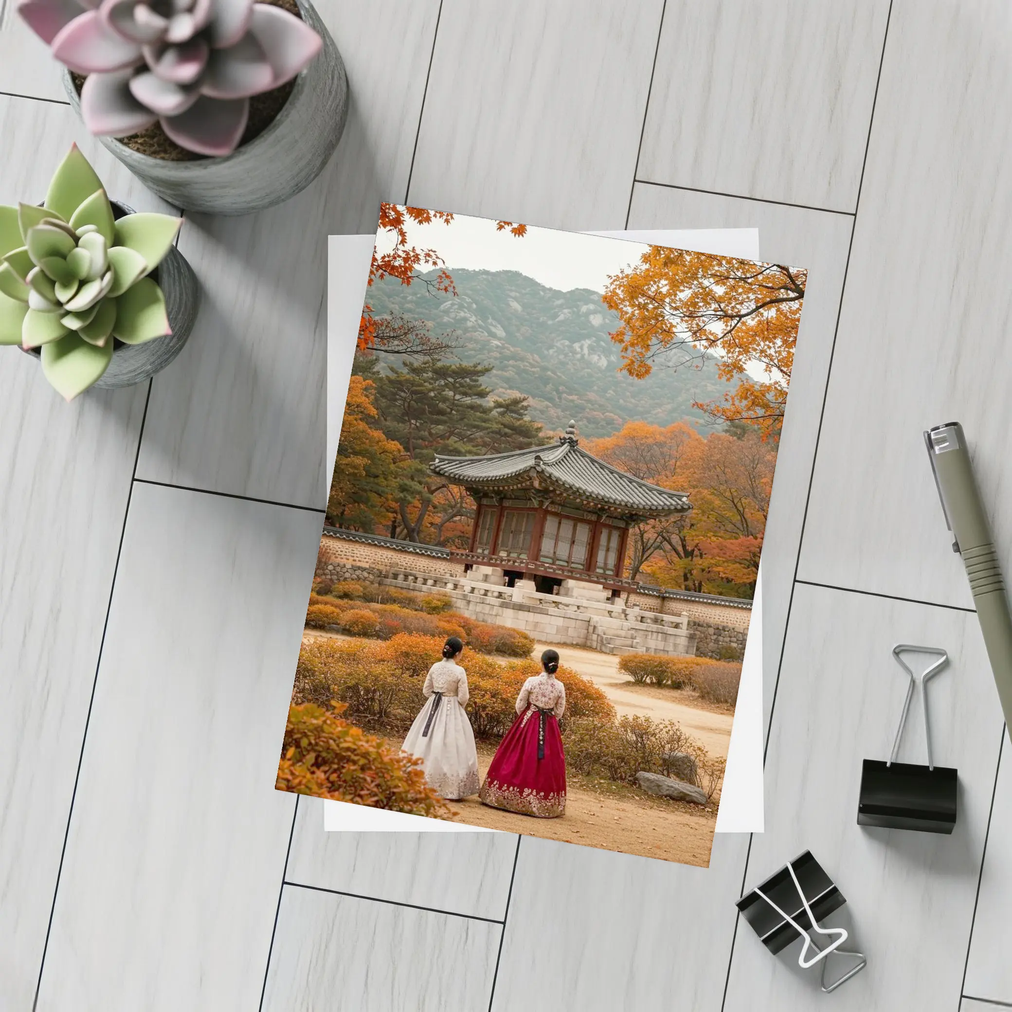 Korean Women Hanbok Autumn Palace Garden – Postcards