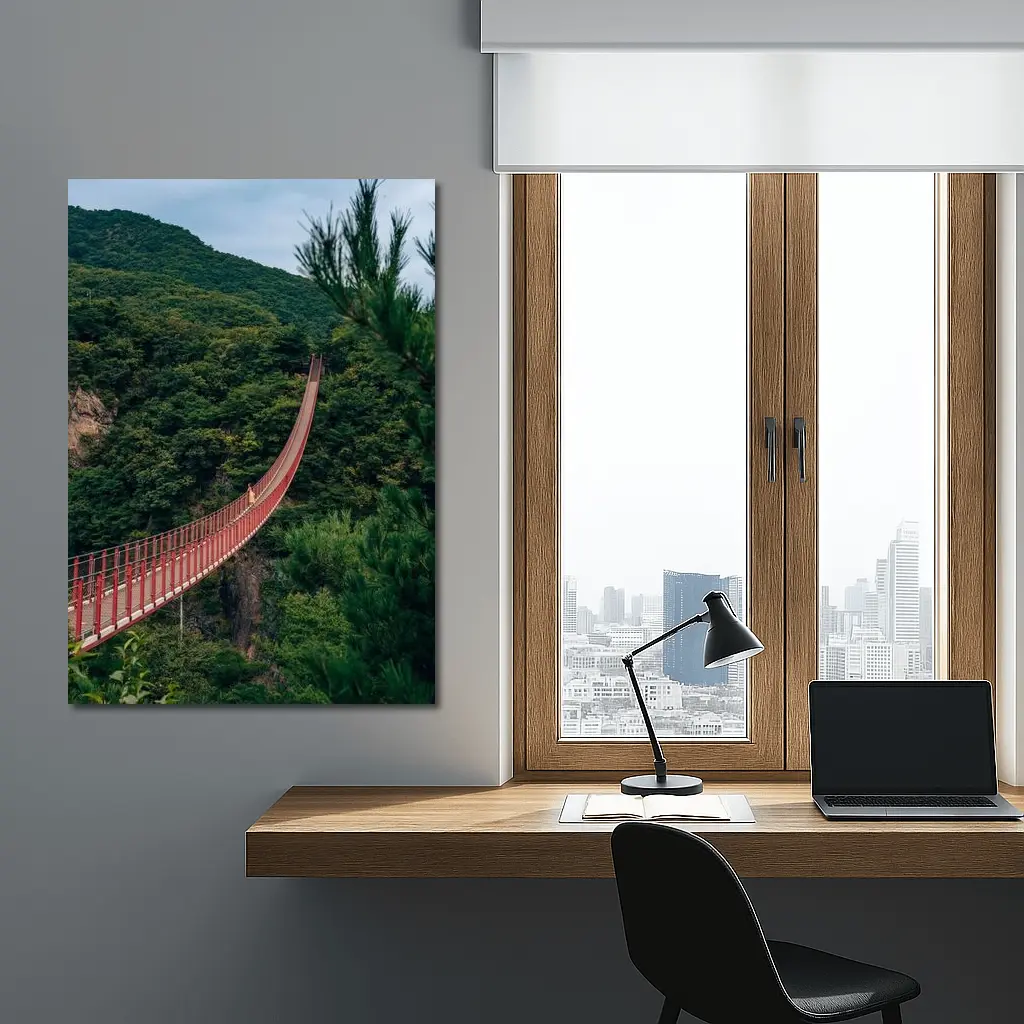 Red Suspension Bridge Green Mountain Forest – Wall Art