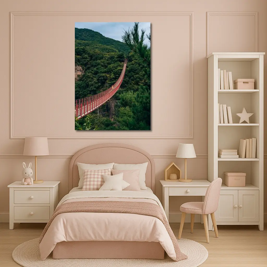 Red Suspension Bridge Green Mountain Forest – Wall Art
