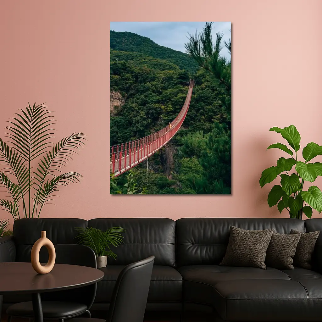 Red Suspension Bridge Green Mountain Forest – Wall Art