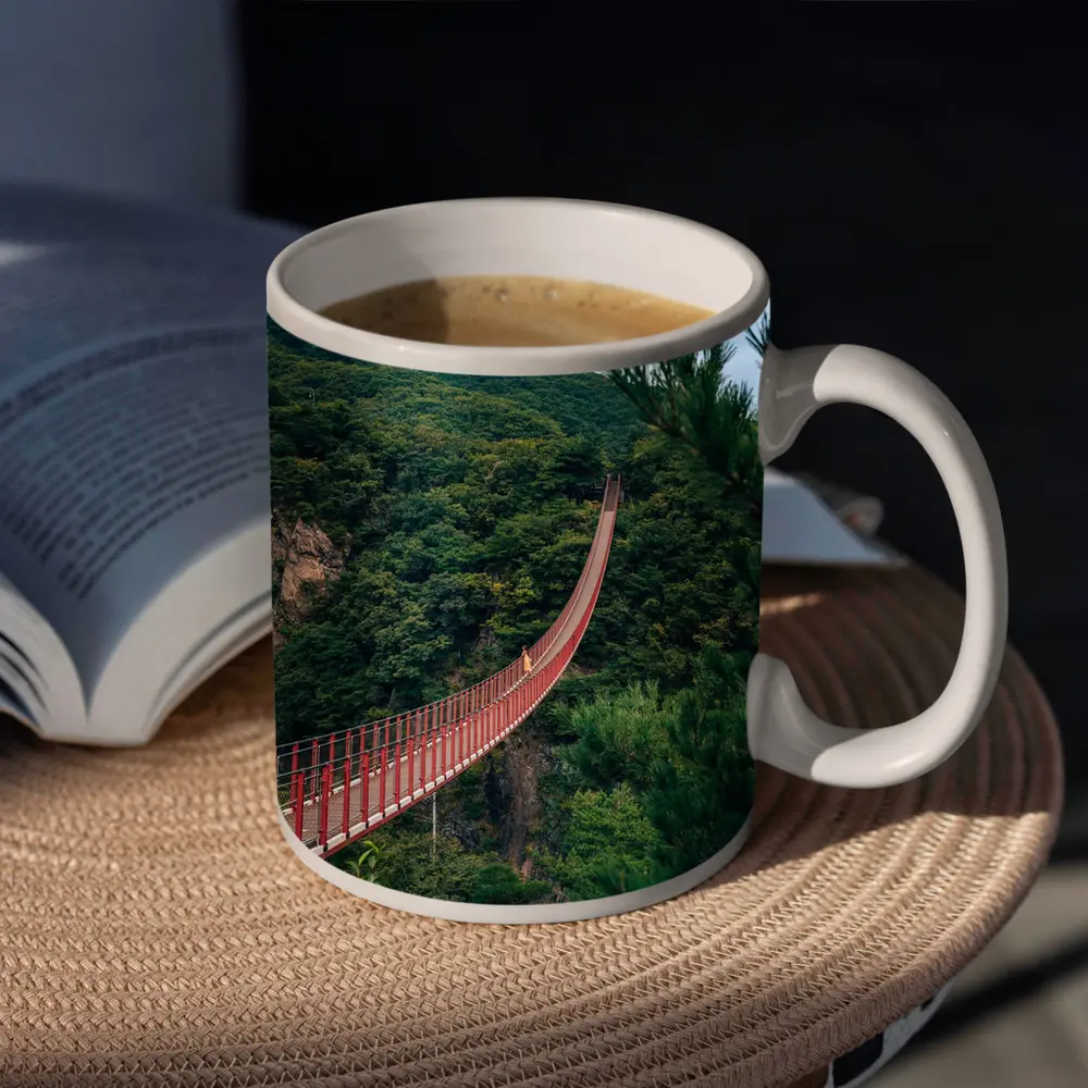 Red Suspension Bridge Green Mountain Forest – Mugs