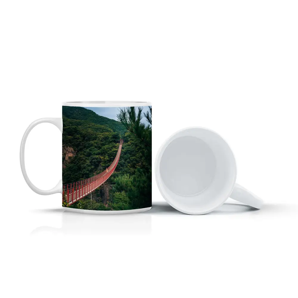 Red Suspension Bridge Green Mountain Forest – Mugs