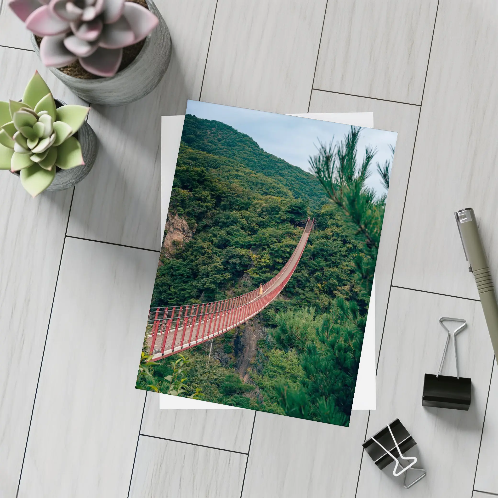 Red Suspension Bridge Green Mountain Forest – Postcards