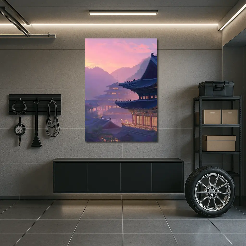 Korean Palace at Misty Pink Sunset – Wall Art