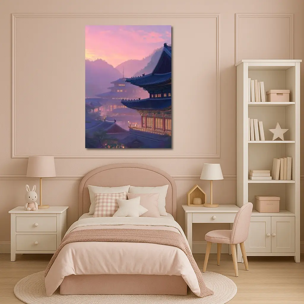 Korean Palace at Misty Pink Sunset – Wall Art