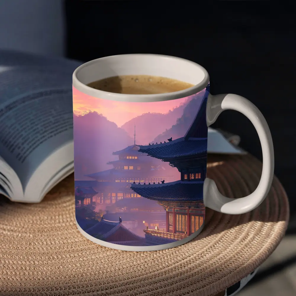 Korean Palace at Misty Pink Sunset – Mugs