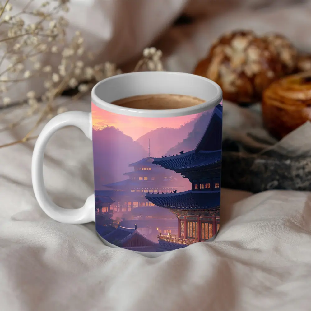 Korean Palace at Misty Pink Sunset – Mugs