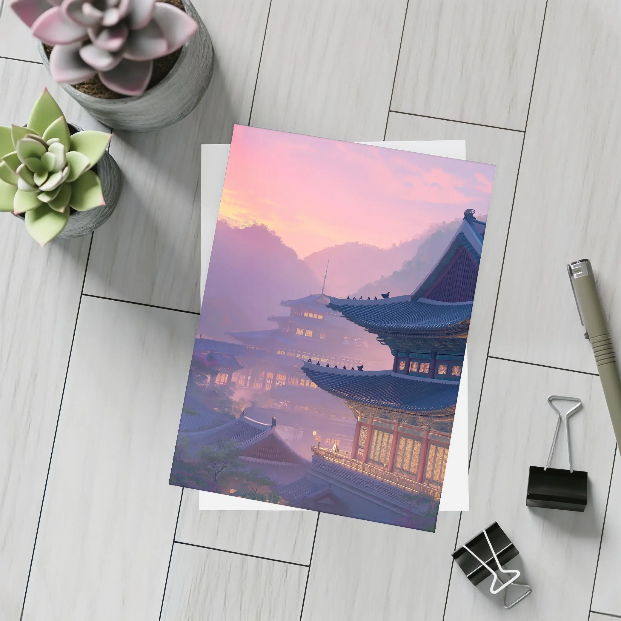 Korean Palace at Misty Pink Sunset – Postcards