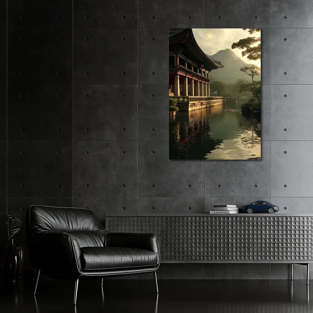Korean Palace Pavilion Mountain Misty Lake – Wall Art