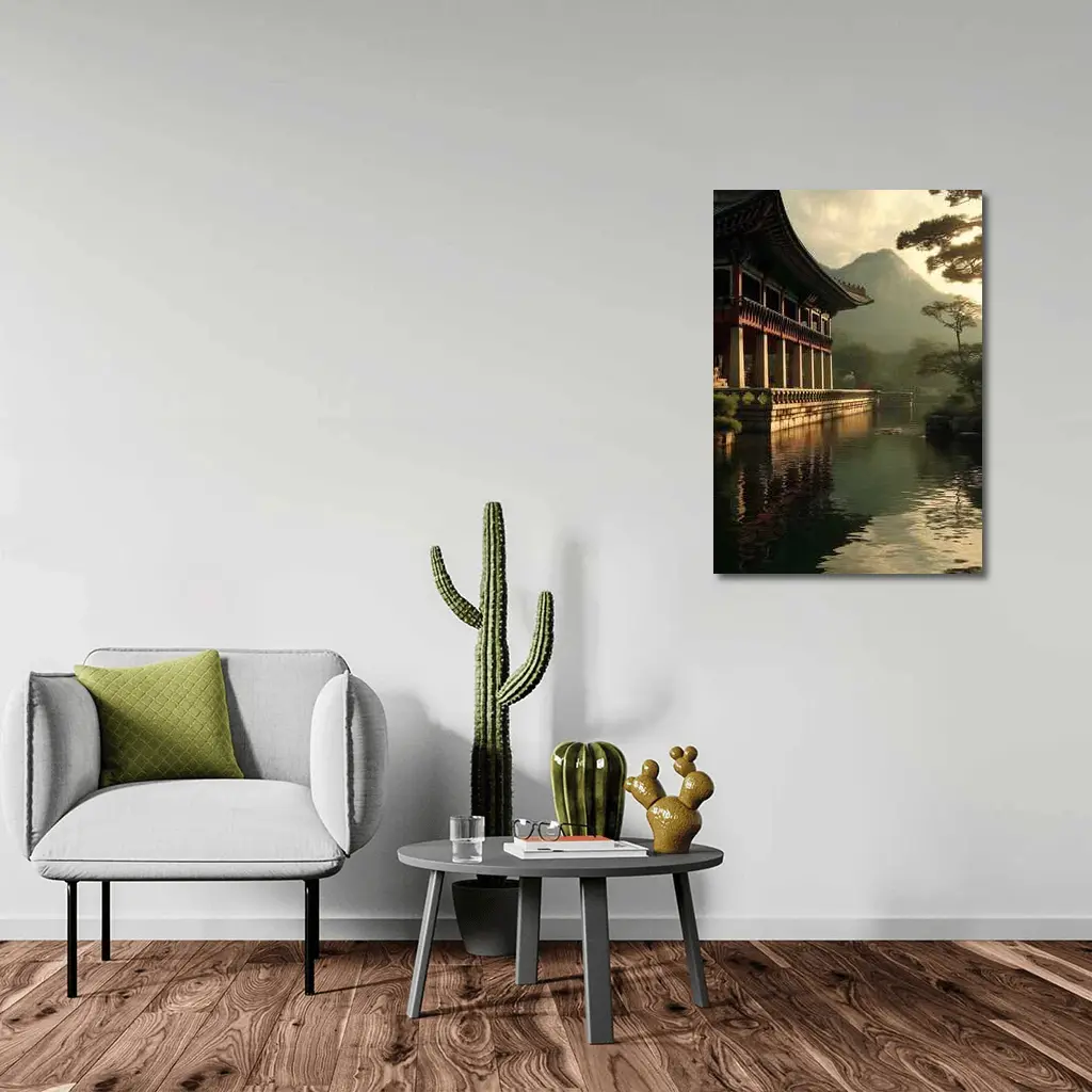 Korean Palace Pavilion Mountain Misty Lake – Wall Art