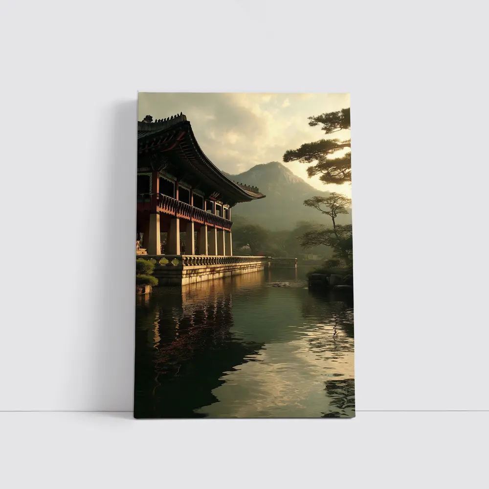 Korean Palace Pavilion Mountain Misty Lake – Wall Art