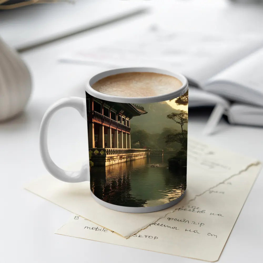 Korean Palace Pavilion Mountain Misty Lake – Mugs