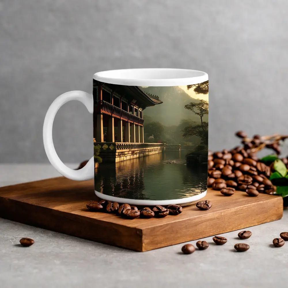 Korean Palace Pavilion Mountain Misty Lake – Mugs