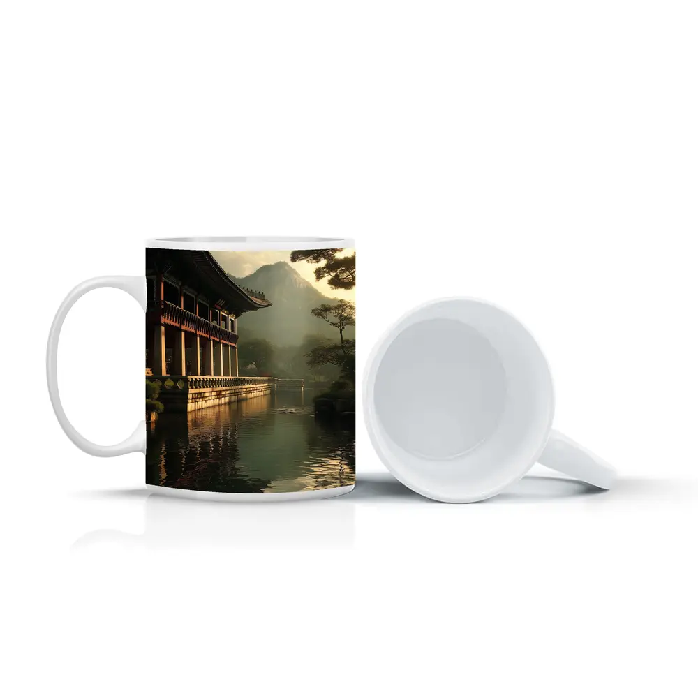 Korean Palace Pavilion Mountain Misty Lake – Mugs