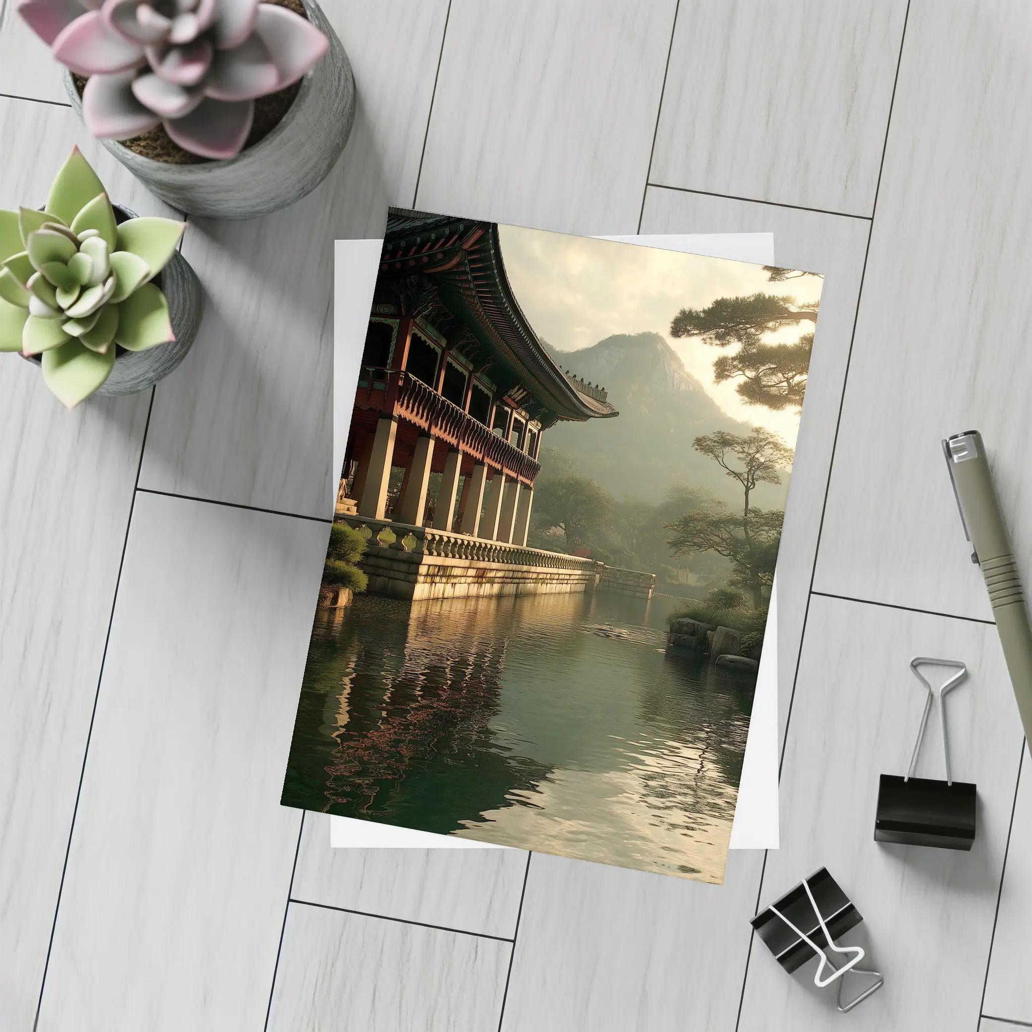 Korean Palace Pavilion Mountain Misty Lake – Postcards