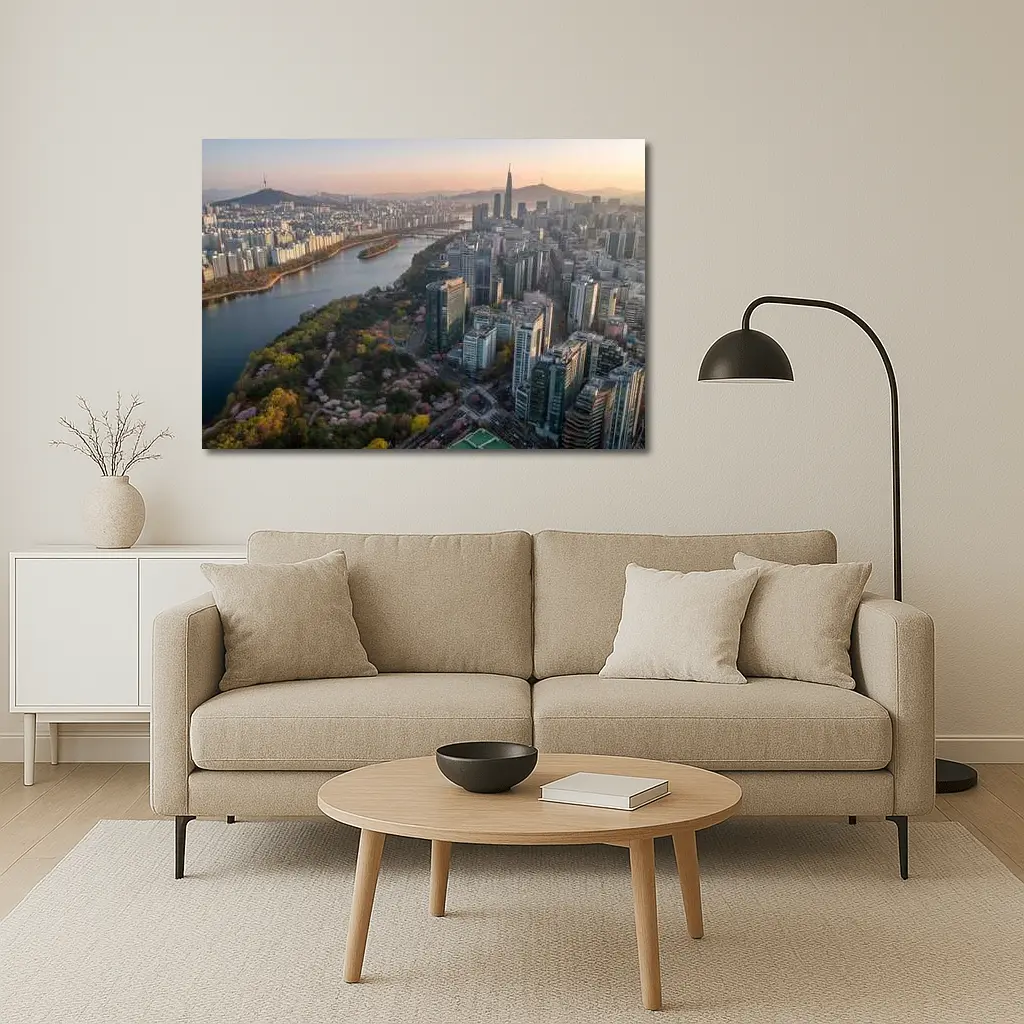 Seoul Skyline Han River Cherry Blossoms Sunset – Wall Art