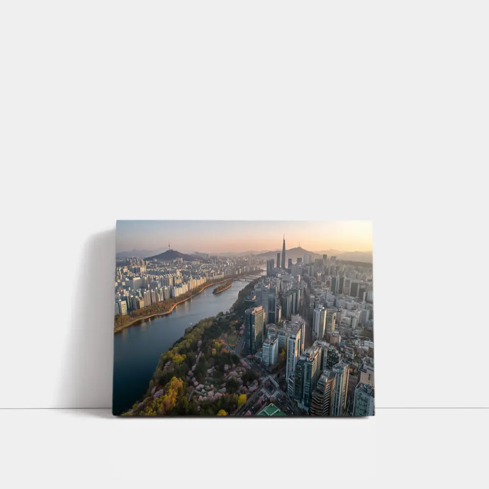 Seoul Skyline Han River Cherry Blossoms Sunset – Wall Art
