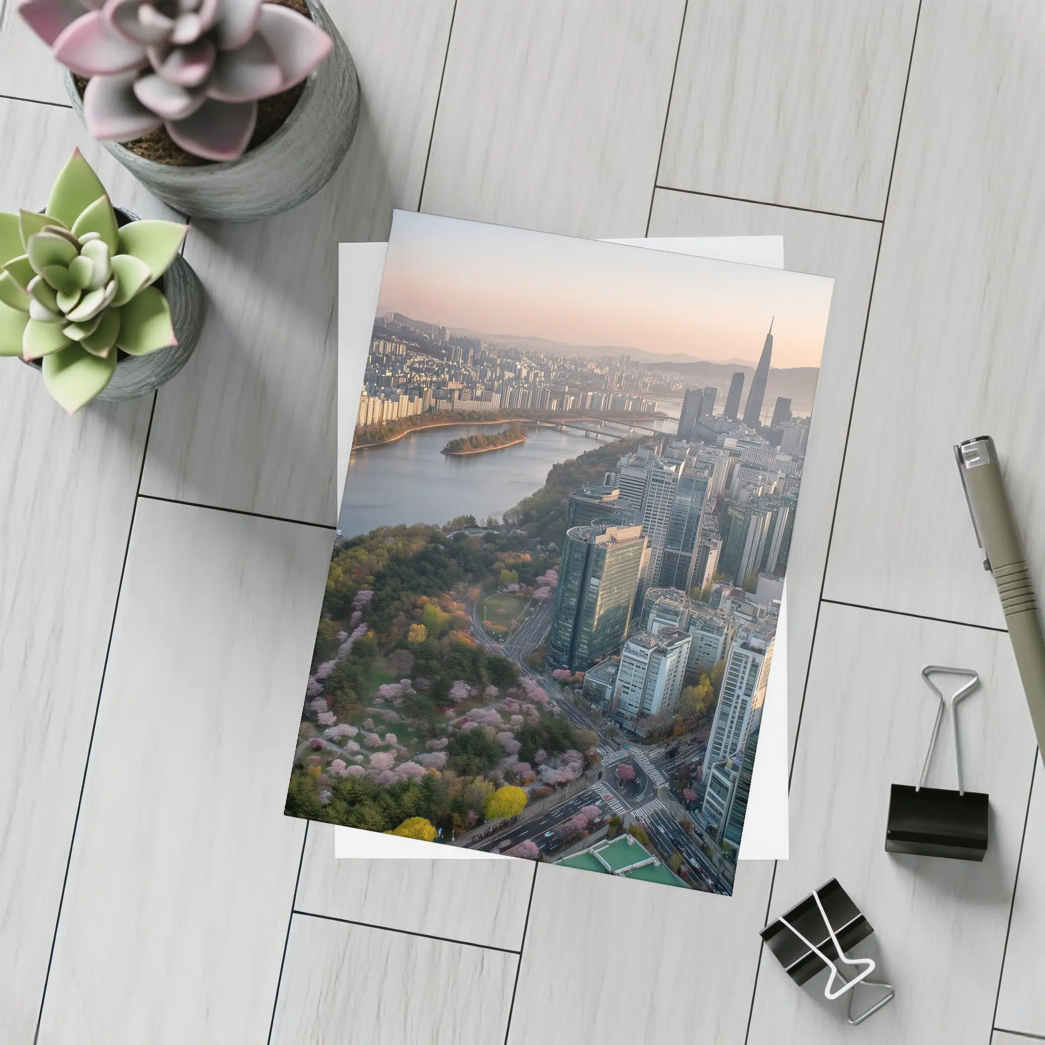 Seoul Skyline Han River Cherry Blossoms Sunset – Postcards