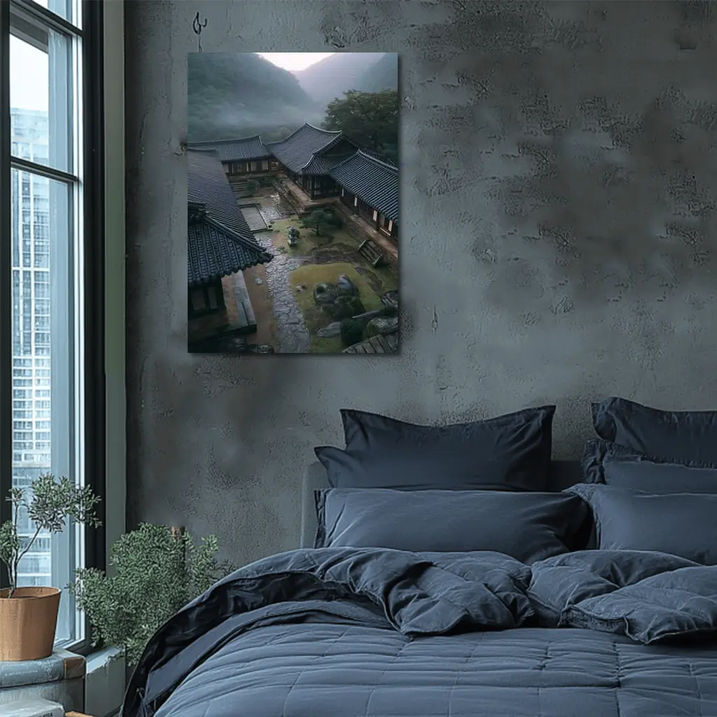 Korean Traditional Hanok Courtyard Misty Mountains – Wall Art