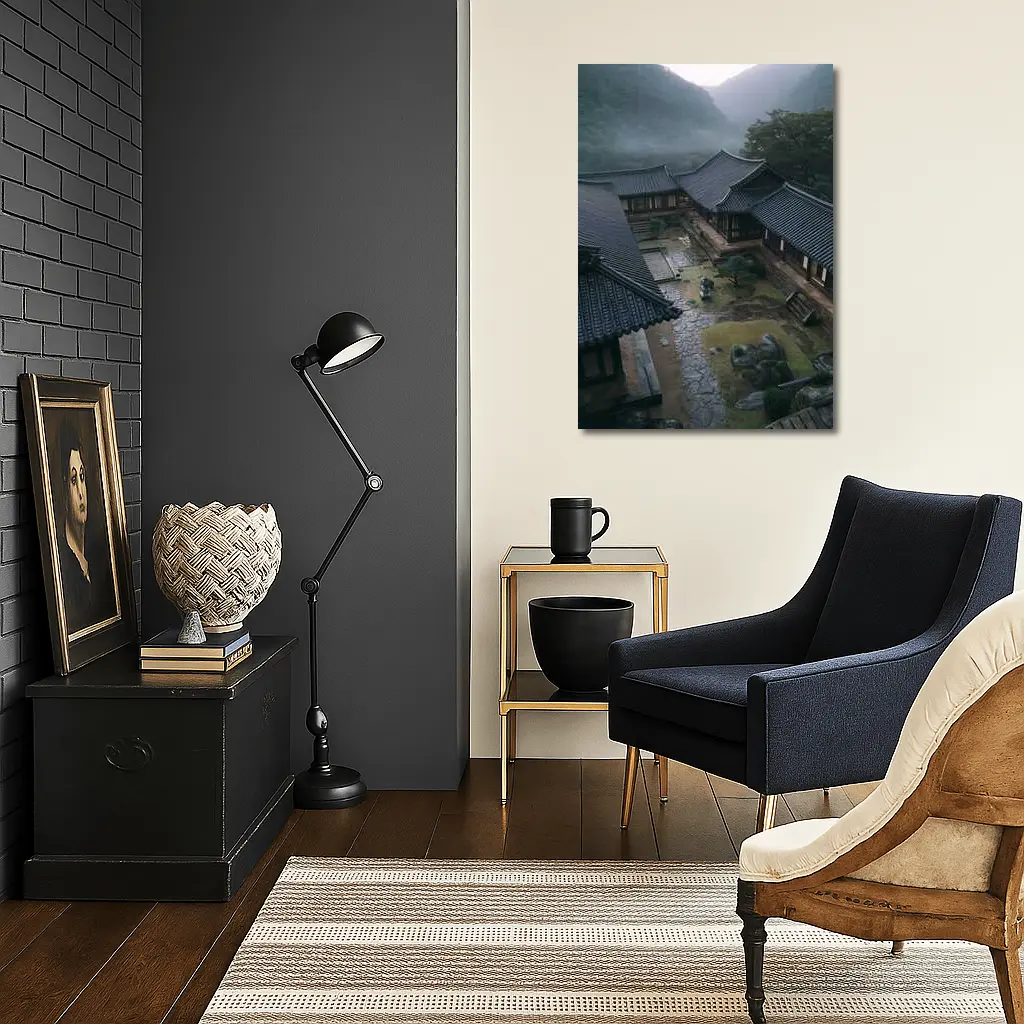 Korean Traditional Hanok Courtyard Misty Mountains – Wall Art