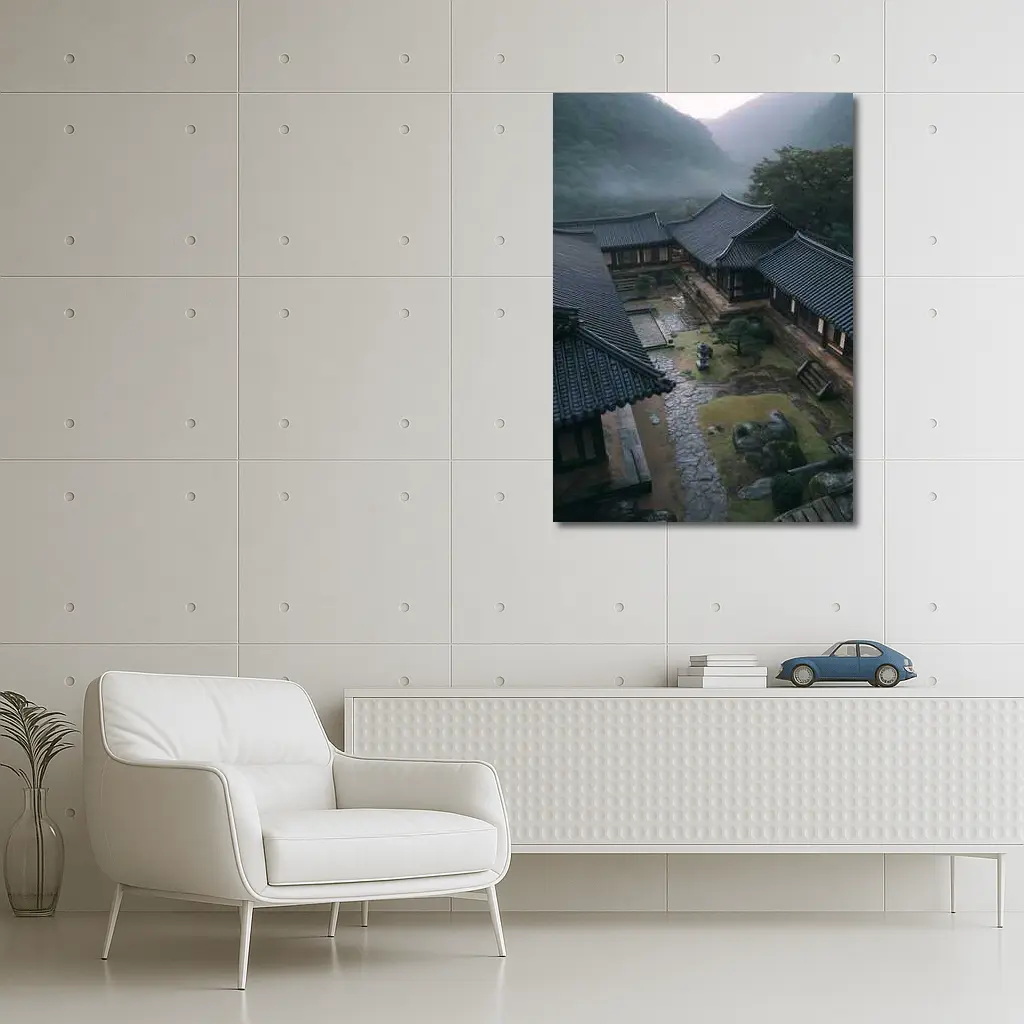 Korean Traditional Hanok Courtyard Misty Mountains – Wall Art
