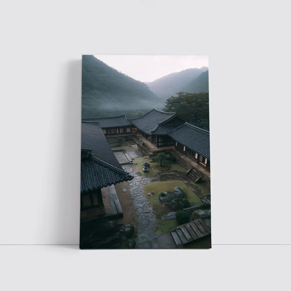 Korean Traditional Hanok Courtyard Misty Mountains – Wall Art