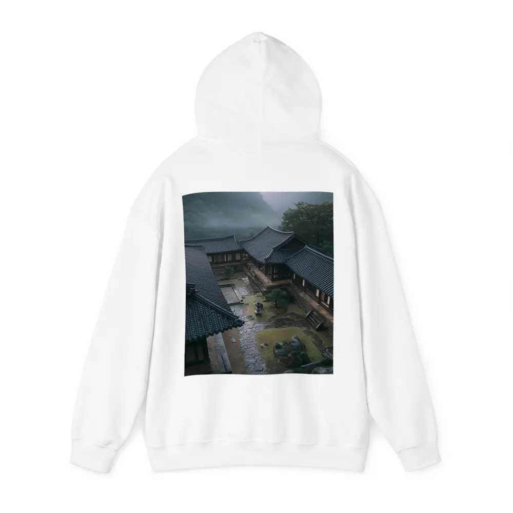 Korean Traditional Hanok Courtyard Misty Mountains – Hoodies