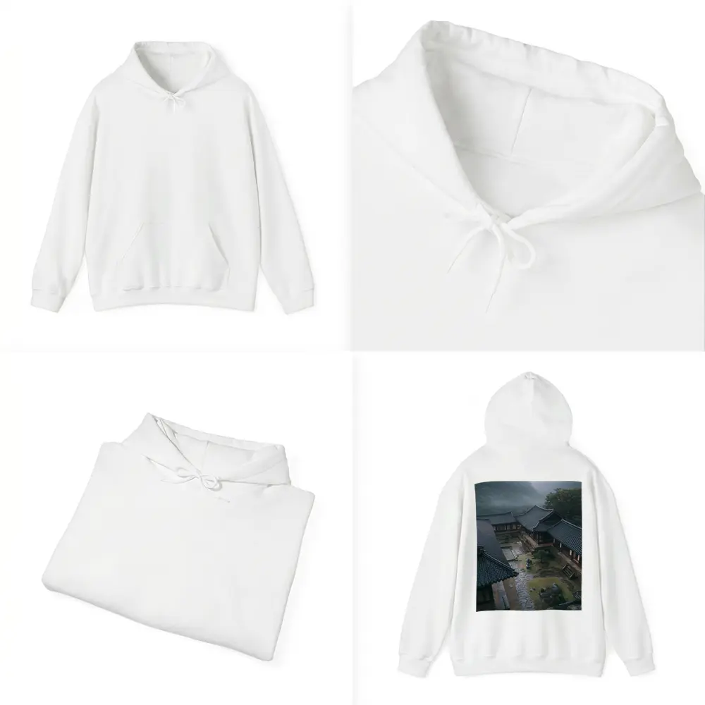 Korean Traditional Hanok Courtyard Misty Mountains – Hoodies