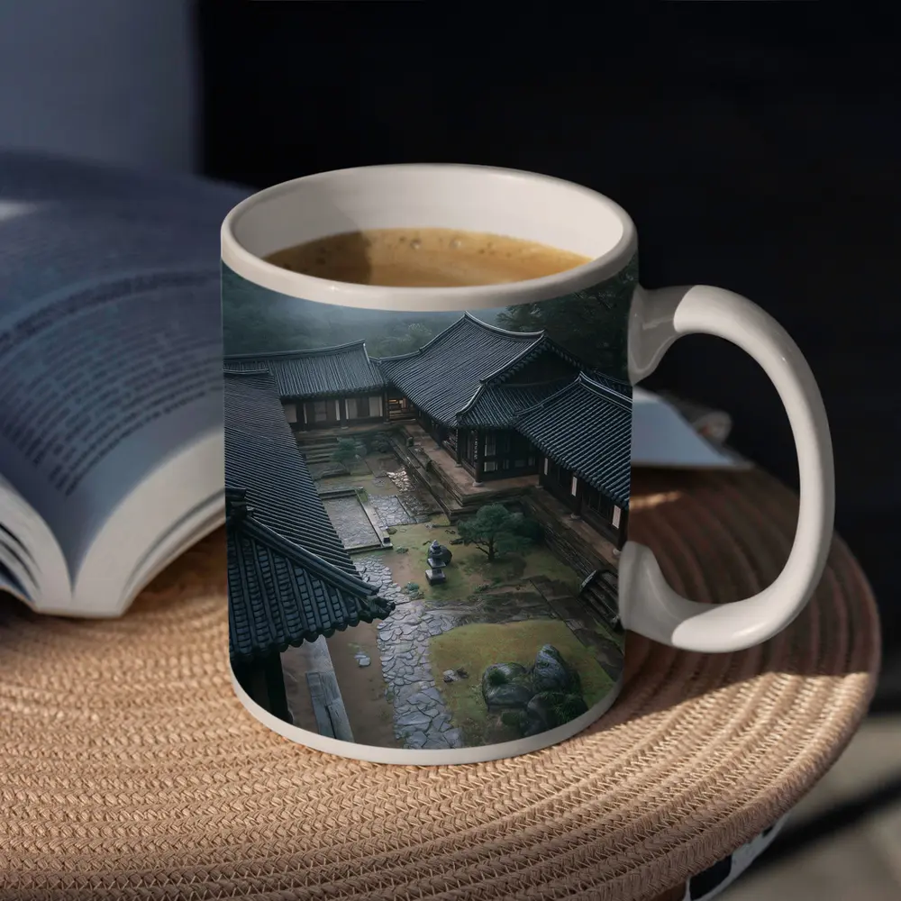 Korean Traditional Hanok Courtyard Misty Mountains – Mugs