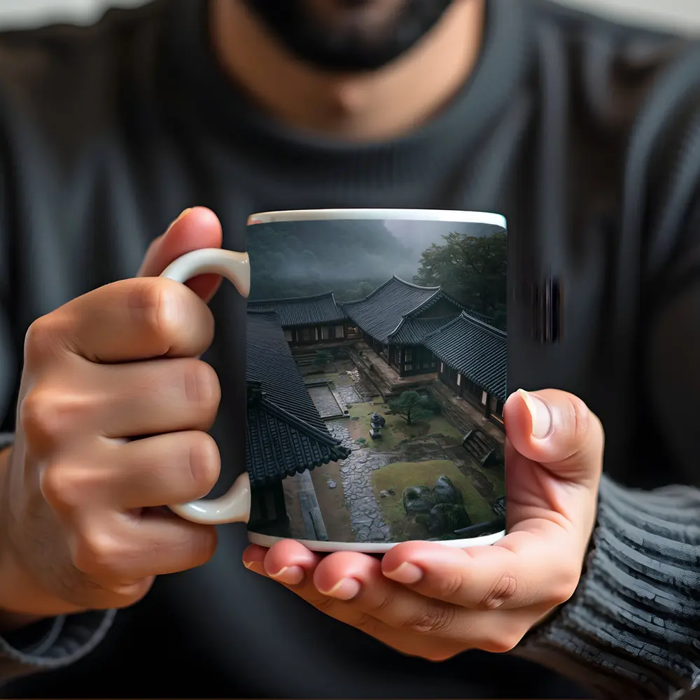 Korean Traditional Hanok Courtyard Misty Mountains – Mugs
