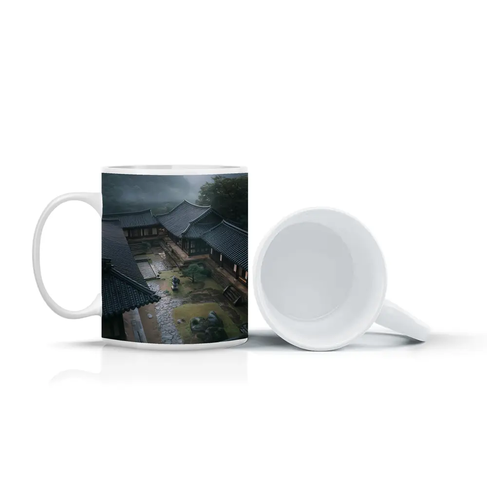 Korean Traditional Hanok Courtyard Misty Mountains – Mugs