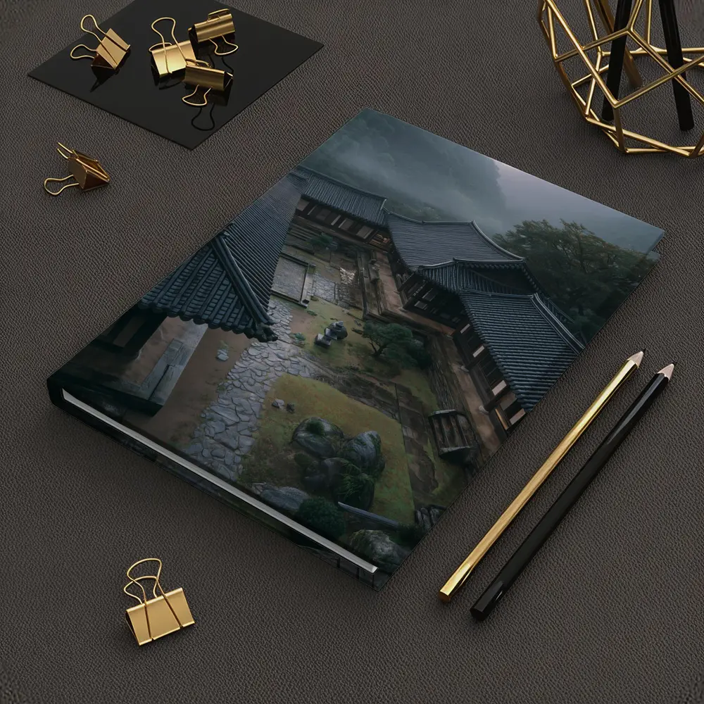 Korean Traditional Hanok Courtyard Misty Mountains – Notebooks