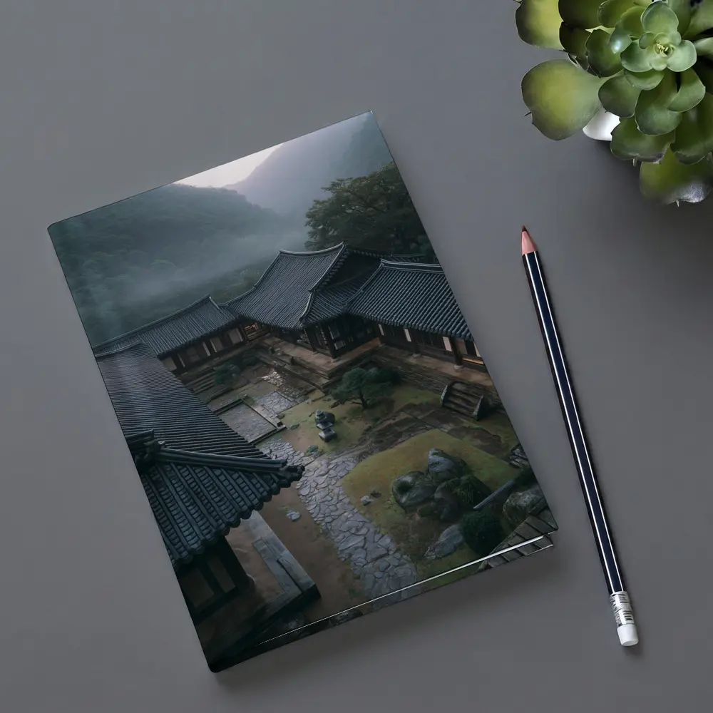 Korean Traditional Hanok Courtyard Misty Mountains – Notebooks