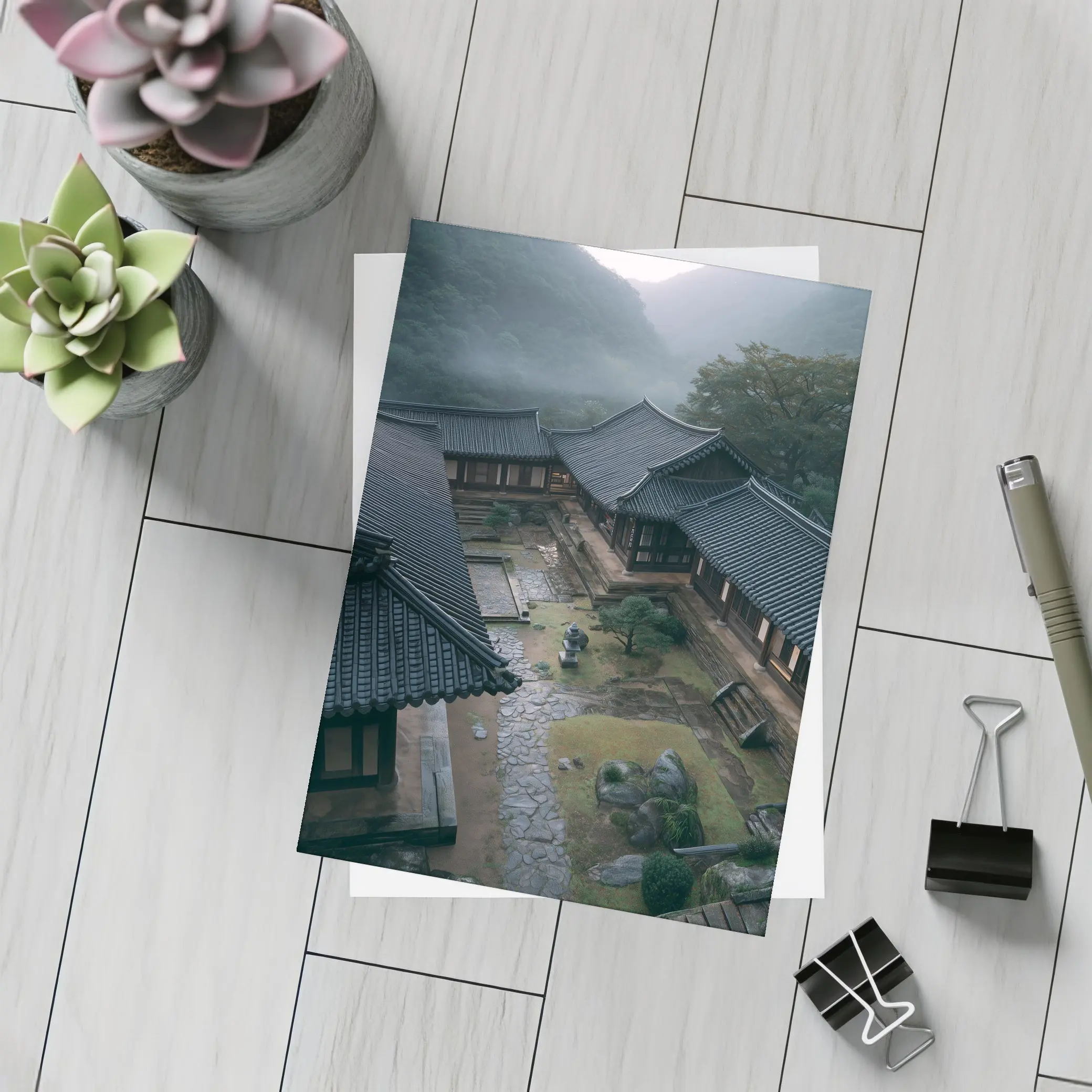 Korean Traditional Hanok Courtyard Misty Mountains – Postcards