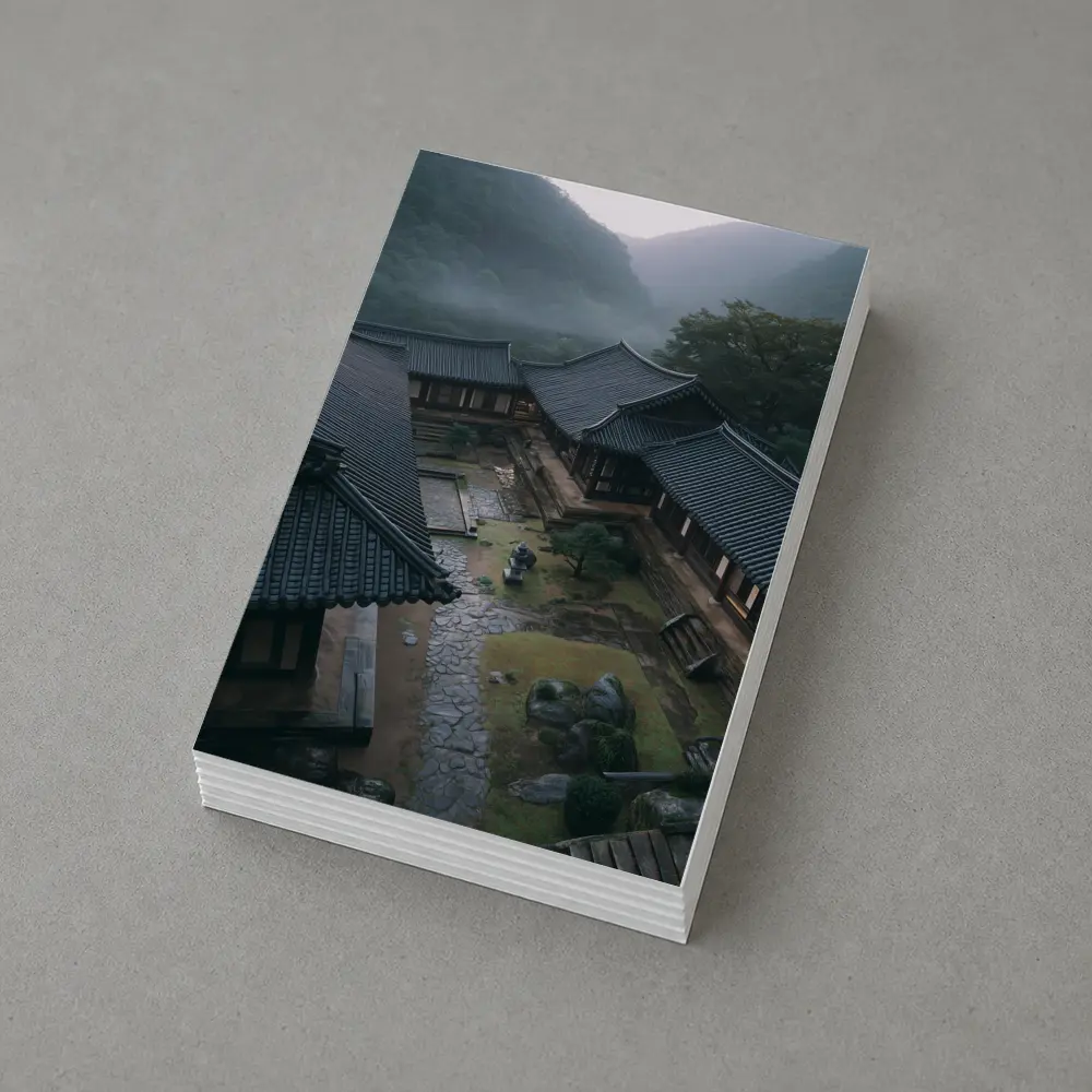 Korean Traditional Hanok Courtyard Misty Mountains – Postcards