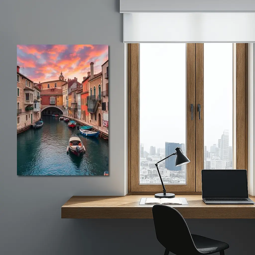 Venice Canal Colorful Sunset Sky Boats – Wall Art