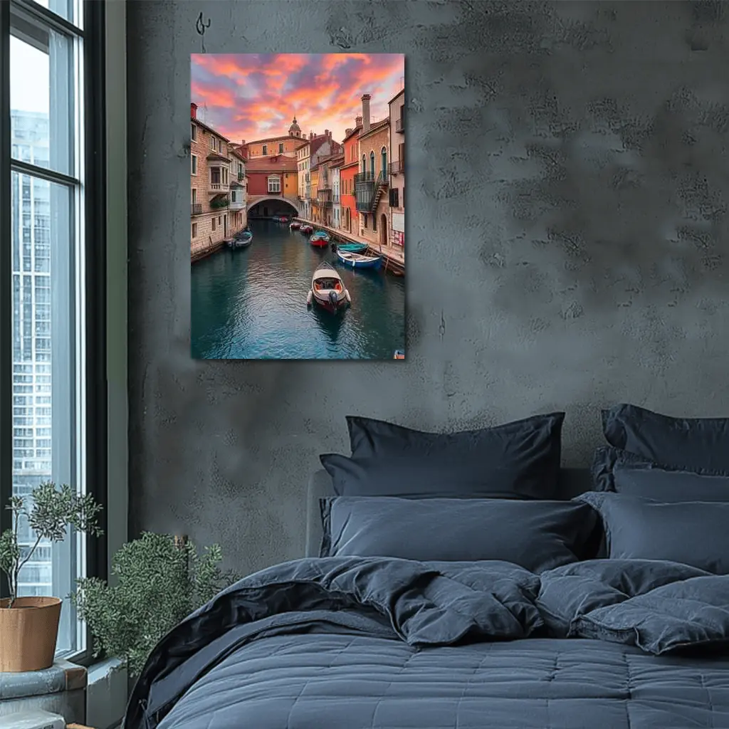 Venice Canal Colorful Sunset Sky Boats – Wall Art
