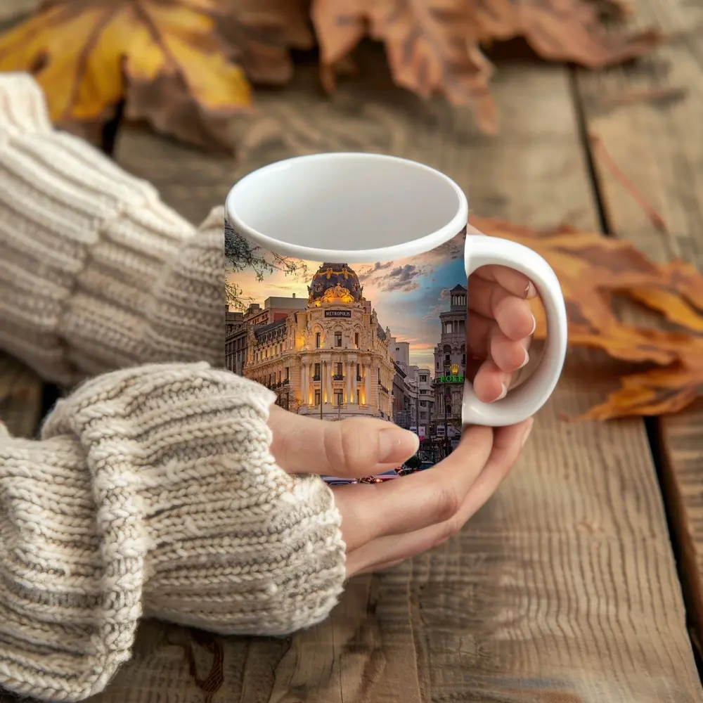 Metropolis Building Madrid Spain Sunset Sky – Mugs