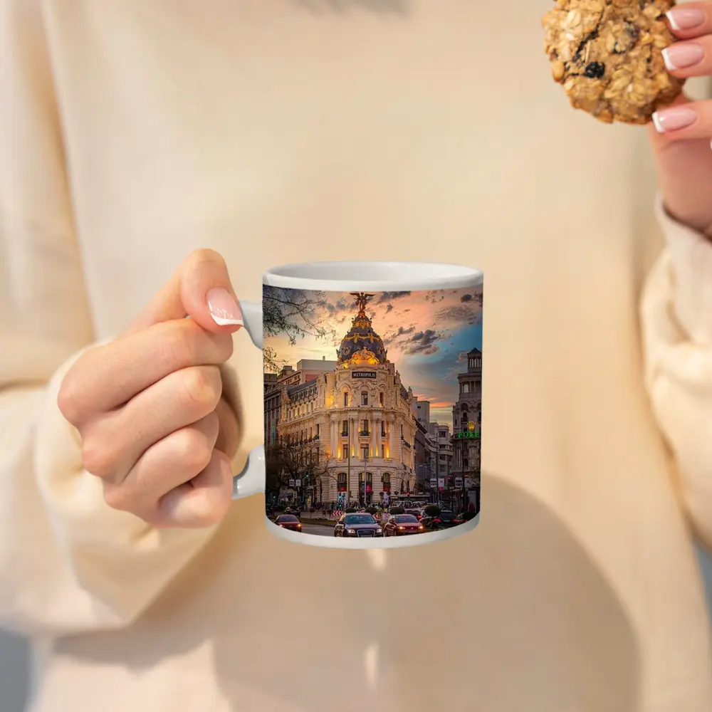 Metropolis Building Madrid Spain Sunset Sky – Mugs