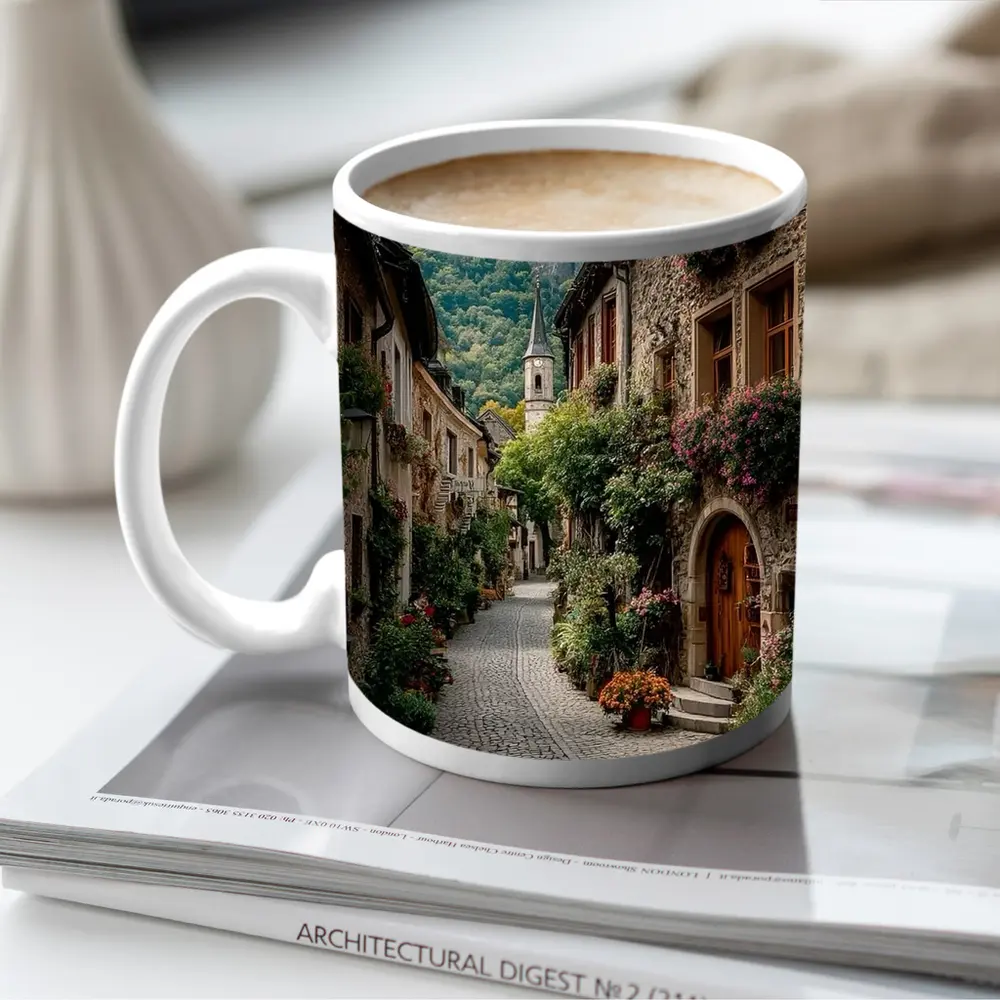 Cobblestone Alley Alpine Village Stone Buildings – Mugs