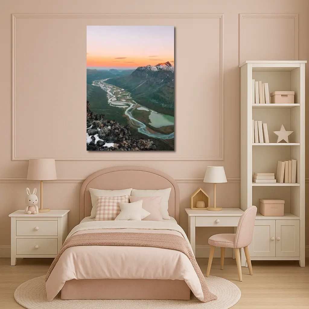 Winding River Valley Sunset Mountain Aerial View – Wall Art
