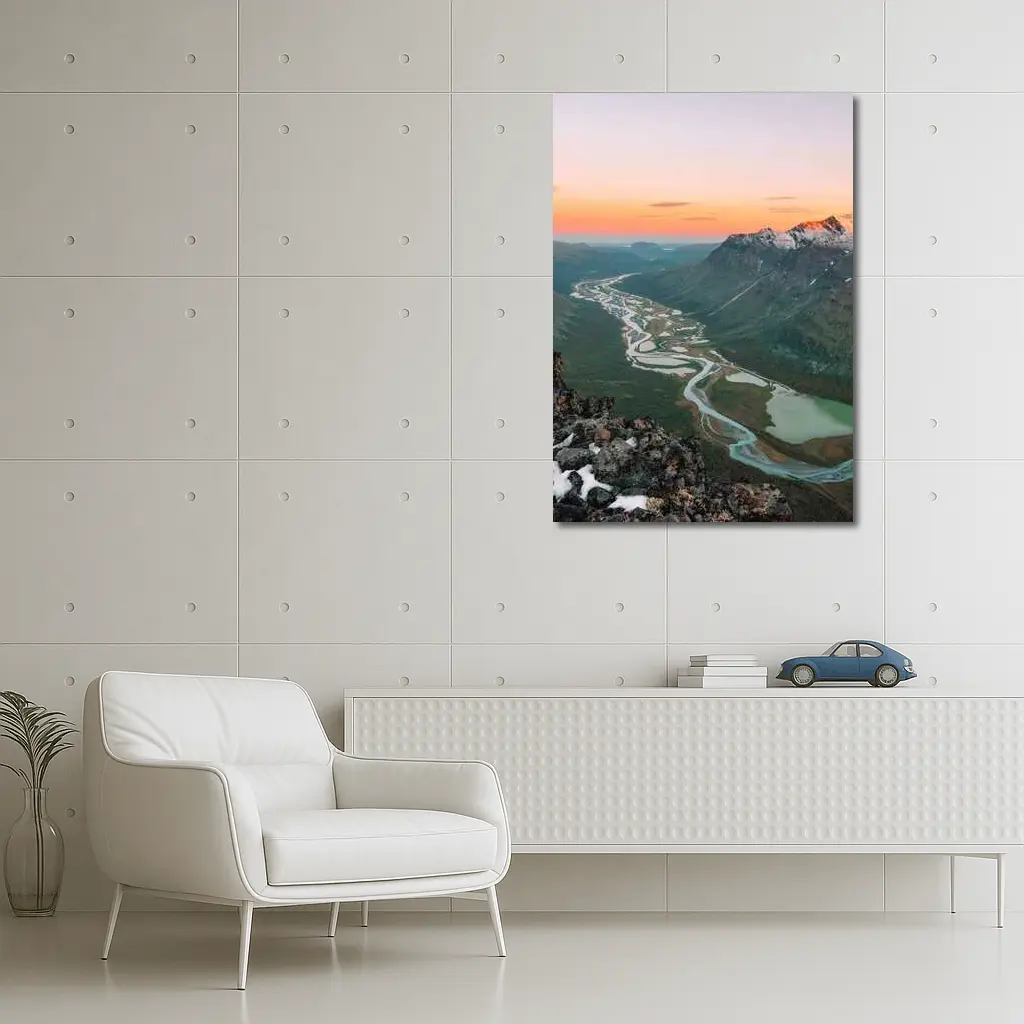 Winding River Valley Sunset Mountain Aerial View – Wall Art